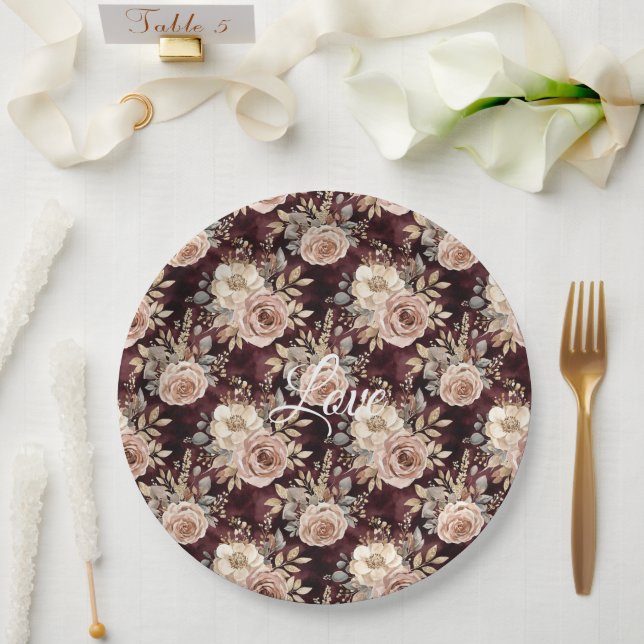 Assiettes En Carton Burgundy Rouge Blush Floral Mariage (Mariage)