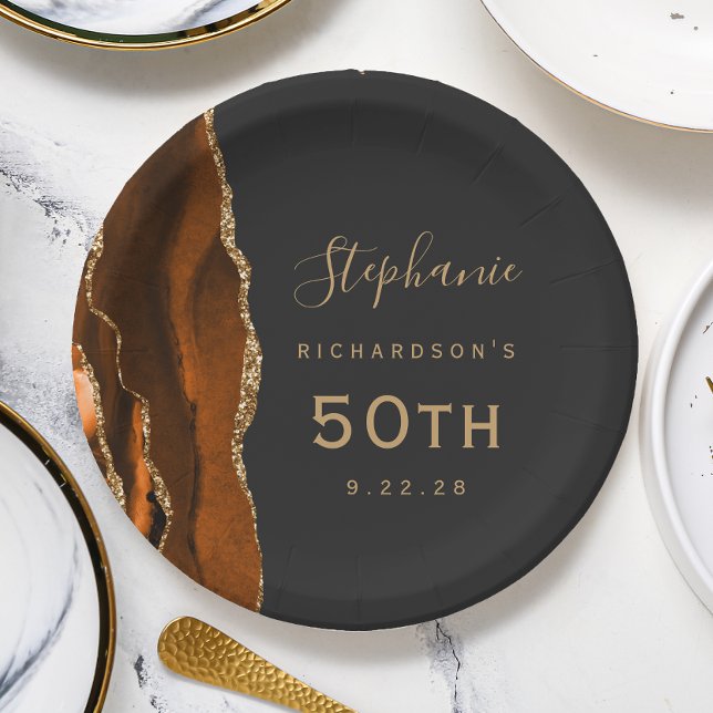 Assiettes En Carton Burnt Orange Agate Marbre Or Dark 50e anniversaire (Créateur téléchargé)