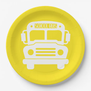 Assiettes En Carton Bus scolaire blanc sur Arrière - plan jaune