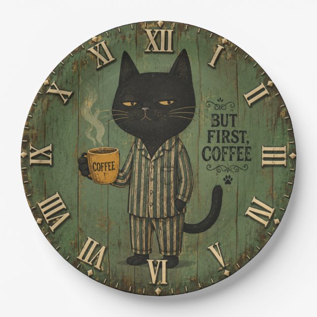 Assiettes En Carton But First Coffee Black Cat (Devant)