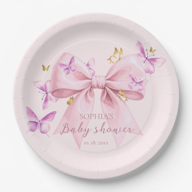 Assiettes En Carton Butterfly Pink Bow Baby Shower  (Devant)