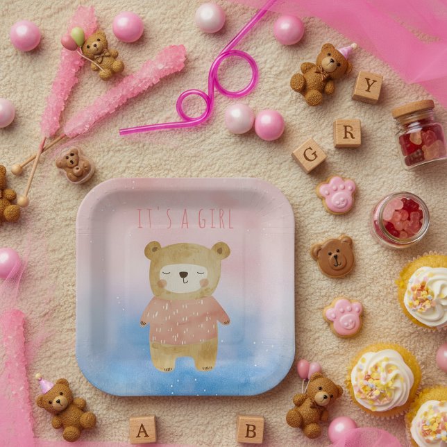 Assiettes En Carton C’est une fille pastel mignon Baby shower rose our (It’s a Girl pastel cute Bear Pink Baby Shower Paper Plates.)