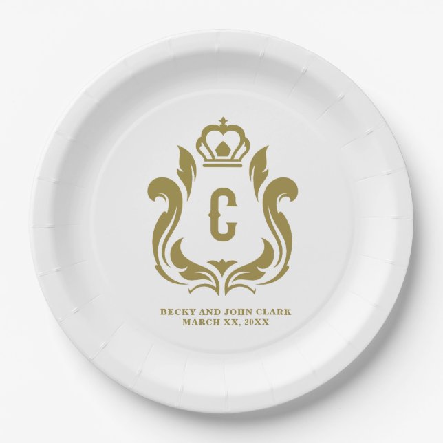 Assiettes En Carton C initiale Crête Dorée Monogrammée (Devant)