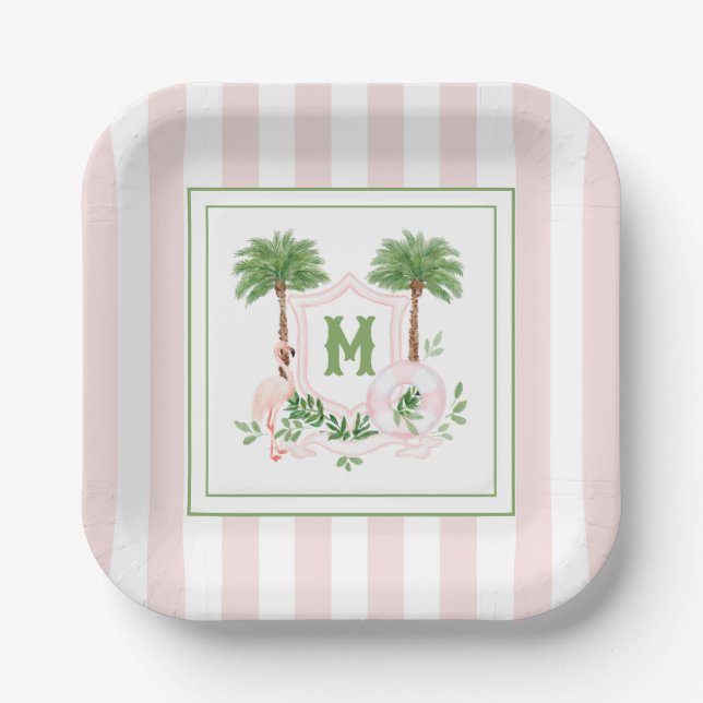 Assiettes En Carton Cabana Stripes Palm Beach Monogram Crest Enclosure (Recto)