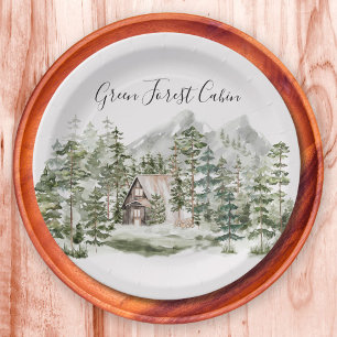 Assiettes En Carton Cabane aquarelle dans la forêt de pins verts boisé