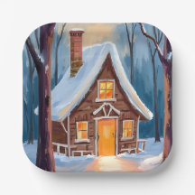 Cabane dans les bois enneigés en aquarelle d'hiver