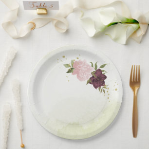 Assiettes En Carton cabernet fleurs roses verdure mariage