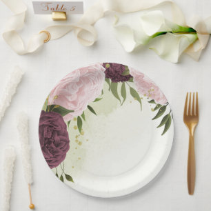 Assiettes En Carton cabernet rose fleurs verdure mariage