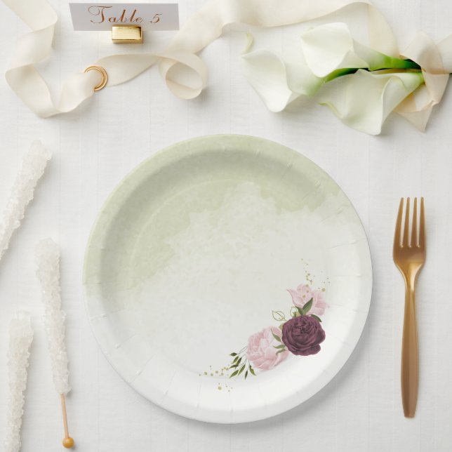 Assiettes En Carton cabernet rose fleurs verdure mariage (Mariage)