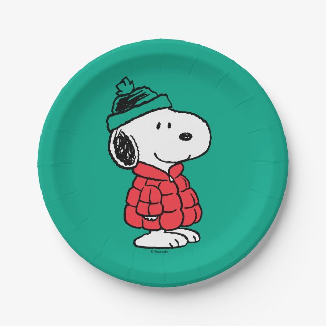 Assiettes En Carton cacahuètes | Snoopy Chat d'hiver et Casquette (Devant)