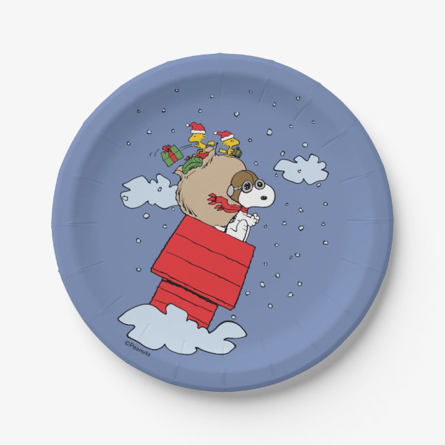 Assiettes En Carton cacahuètes | Snoopy l'As Volant à Noël (Devant)