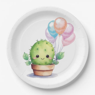 Assiettes En Carton Cactus mignons avec ballons d'anniversaire