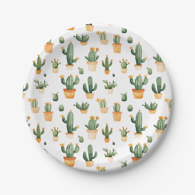 Assiettes En Carton Cactus pointillés sur blanc (Devant)