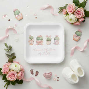Assiettes En Carton Cactus Ruban rose Bébé fille Douche
