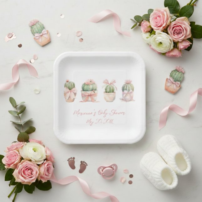 Assiettes En Carton Cactus Ruban rose Bébé fille Douche (Créateur téléchargé)