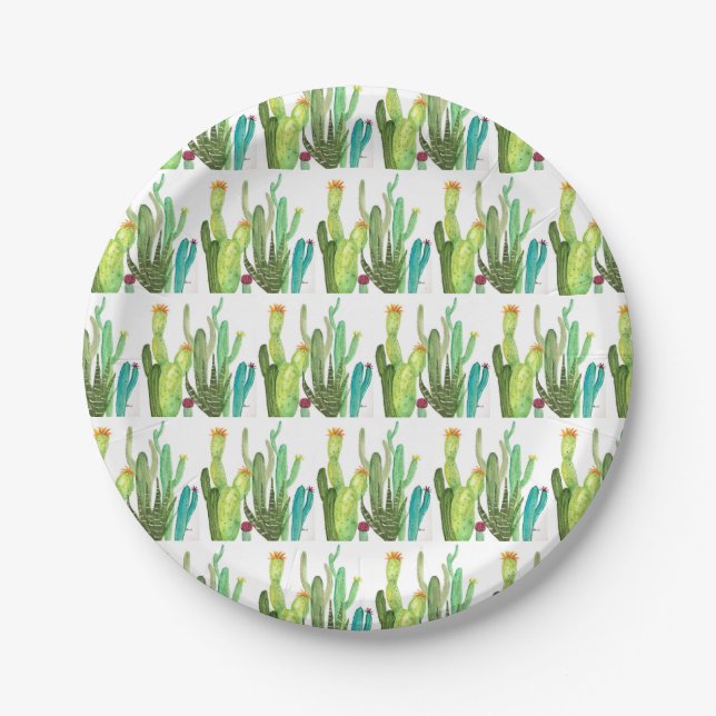 Assiettes En Carton Cactus vert succulent motif aquarelle Cactus (Devant)