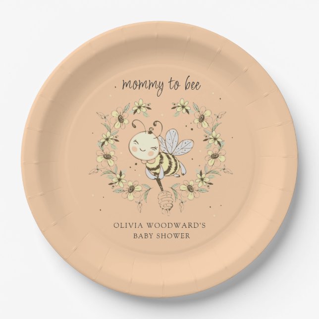 Assiettes En Carton Cadeau de Baby Shower pour Maman Abeille en Pêche  (Devant)