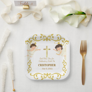 Assiettes En Carton Cadeau de baptême ange avec nom personnalisé et da