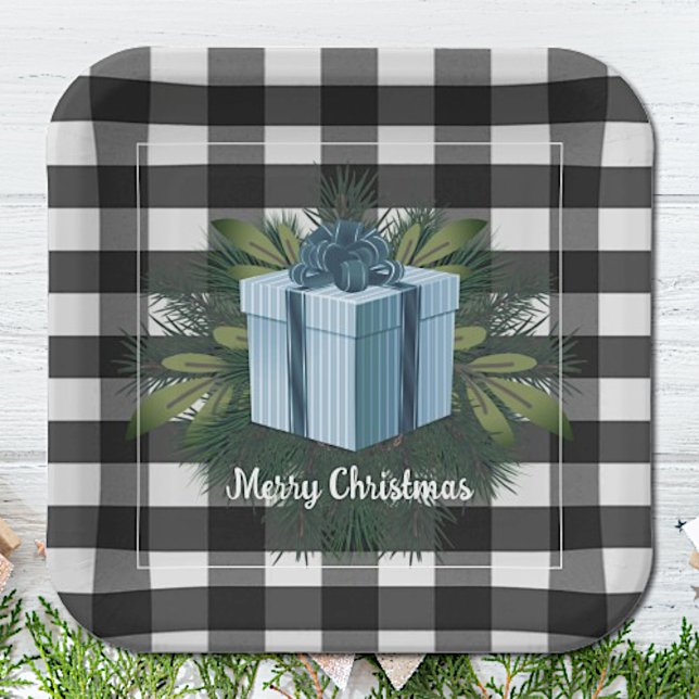 Assiettes En Carton Cadeau de Noël Plaid Buffalo | Bleu (Blue Buffalo Plaid Christmas Gift Paper Plates)