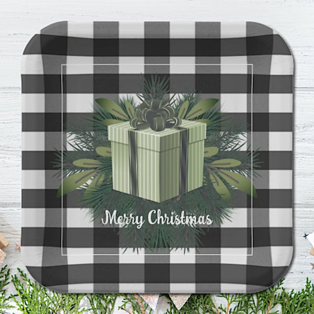 Assiettes En Carton Cadeau de Noël Plaid Buffalo | Vert (Green Buffalo Plaid Christmas Gift Paper Plates)