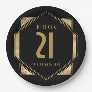 Assiettes En Carton Cadre Art Déco 21e anniversaire Nom Date