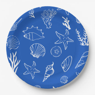 Assiettes En Carton Cadre de Coquillages d'Été Mariage Plage Bleu