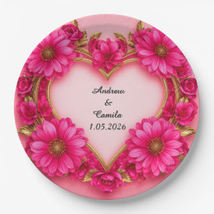 Assiettes En Carton Cadre de fleur en forme de cœur avec fleurs roses