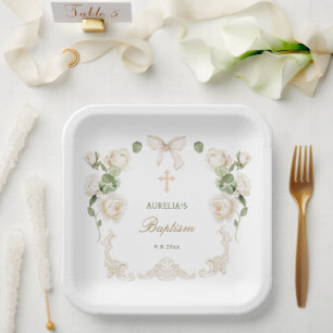 Assiettes En Carton Cadre de roses en ivoire délicat pour baptême