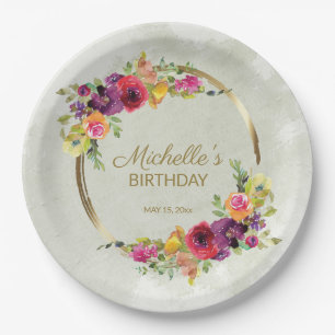 Assiettes En Carton Cadre doré floral élégant vintage pour l'anniversa