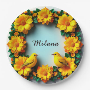 Assiettes En Carton Cadre floral avec oiseaux jaunes
