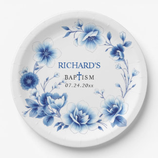 Assiettes En Carton Cadre floral bleu Chinoiserie fleurs garçon Baptêm