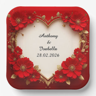 Assiettes En Carton Cadre floral rouge en forme de cœur avec paillette