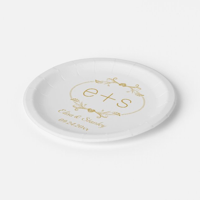 Assiettes En Carton Cadre or et initiales élégant mariage monogramme (Angle)