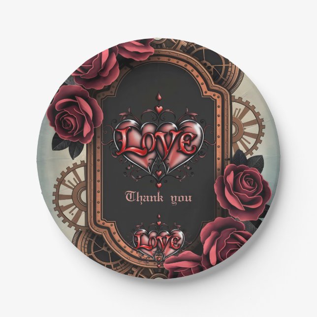 Assiettes En Carton Cadre Steampunk avec Roses rouges et Engrenages (Devant)