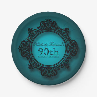 Assiettes En Carton Cadre vintage en bleu - Plaques papier 90e anniver