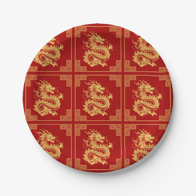 Assiettes En Carton Cadres d'ornement grec Motif de dragon d'or rouge (Devant)