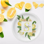 Assiettes En Carton Cadres et Feuilles de citrons jaunes modernes avec<br><div class="desc">Cadres et Feuilles de citrons jaunes modernes avec nom</div>
