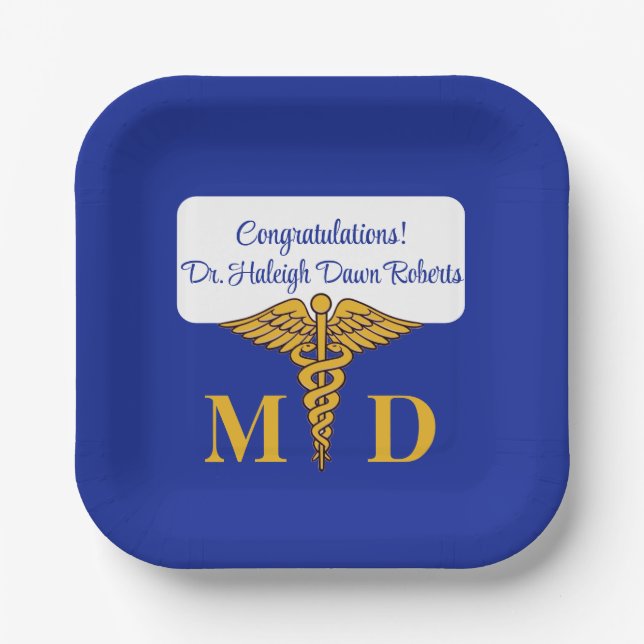 Assiettes En Carton Caduceus Blue & Gold Médicale School Graduation (Recto)