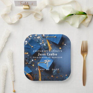 Assiettes En Carton Caduceus Elegant Gold White Navy Blue Graduation