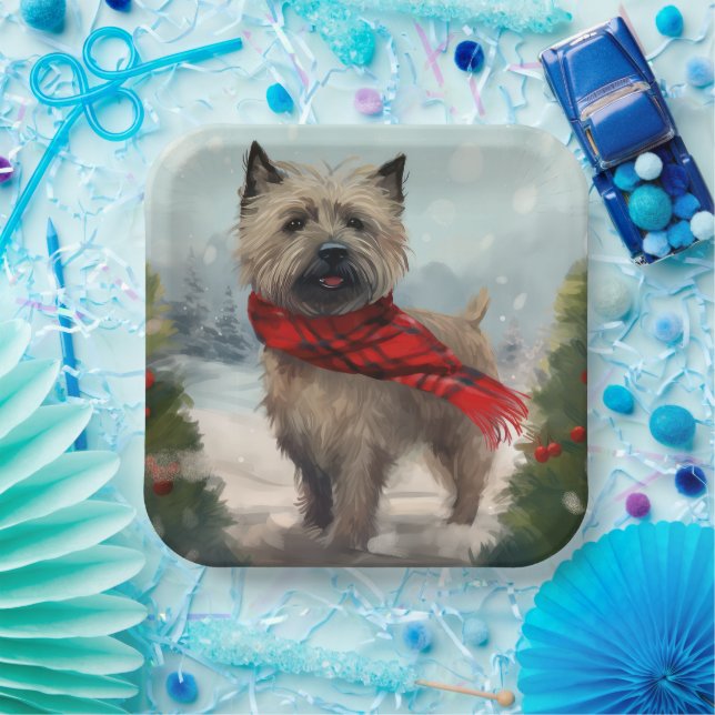 Assiettes En Carton Cairn Terrier Dog dans Noël de neige (Fête)