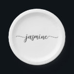 Assiettes En Carton Calligraphie de monogramme de script girly blanc m<br><div class="desc">Assiettes en papier personnalisées avec monogramme féminin blanc élégant moderne minimaliste. Ce design présentant votre prénom dans un style de lettre manuscrite jolie avec une typographie de signature à queue (ou calligraphie) de couleur noire sur fond blanc. Celles-ci sont faciles à personnaliser. Idéal pour une crémaillère, également pour un anniversaire,...</div>