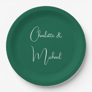 Assiettes En Carton Calligraphie Élégant Vert Plaine Simple Noms