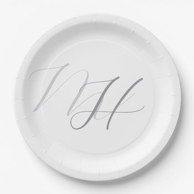 Assiettes En Carton Calligraphie Monogramme Gris Blanc Plat Simple (Devant)