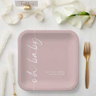 Assiettes En Carton Calligraphie pivotée Nom Dusty Rose Oh Baby shower