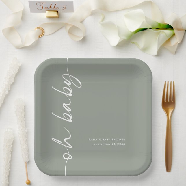 Assiettes En Carton Calligraphie pivotée Nom Sage Oh Baby shower (Mariage)