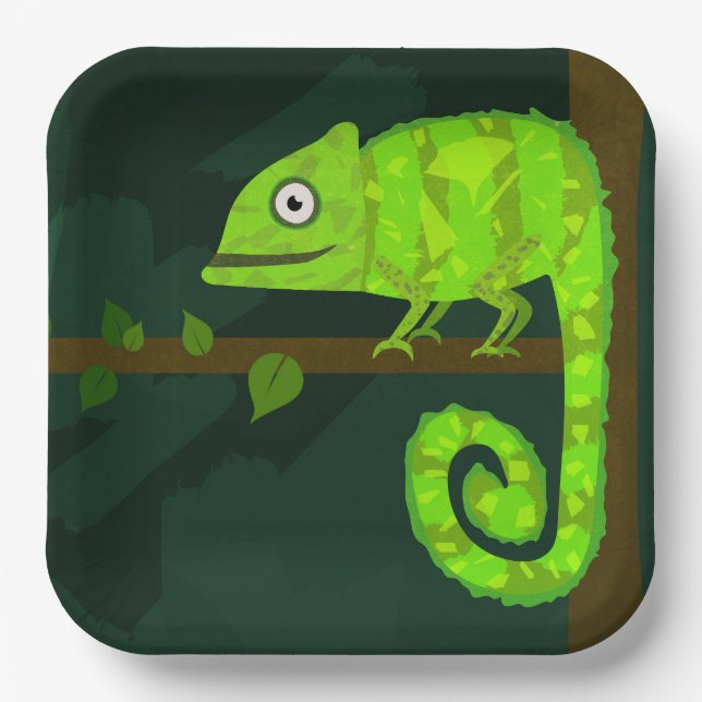 Assiettes En Carton Caméléon vert mignon (Recto)