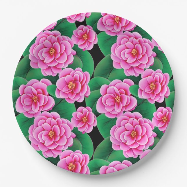Assiettes En Carton Camellias rose Fuchsia et Feuilles verts Jade (Devant)