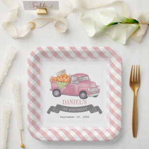 Assiettes En Carton Camion Citrouille rose En vichy Fille 1er annivers