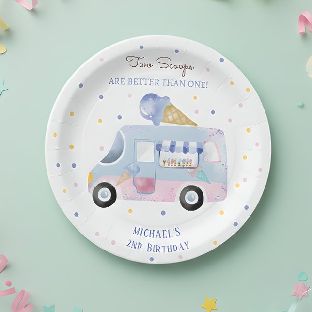 Assiettes En Carton Camion crème glacée 2 scoops deuxième anniversaire (Créateur téléchargé)