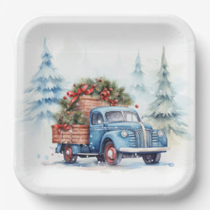 Assiettes En Carton Camion de Noël bleu rétro